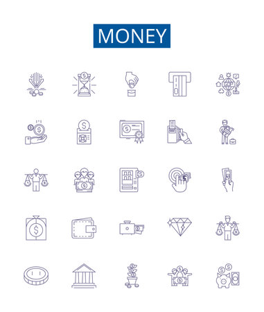 Money line icons signs set. Design collection of Cash, Currency, Wealth, Funds, Riches, Capital, Finances, Bank outline concept vector illustrationsのイラスト素材