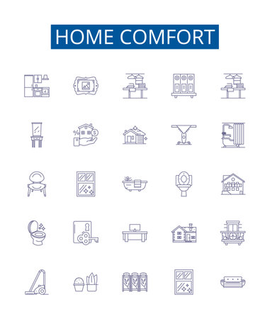 Home comfort line icons signs set. Design collection of Homely, Cozy, Cosy, Relaxing, Comfy, Homey, Serene, Tranquil outline concept vector illustrationsのイラスト素材