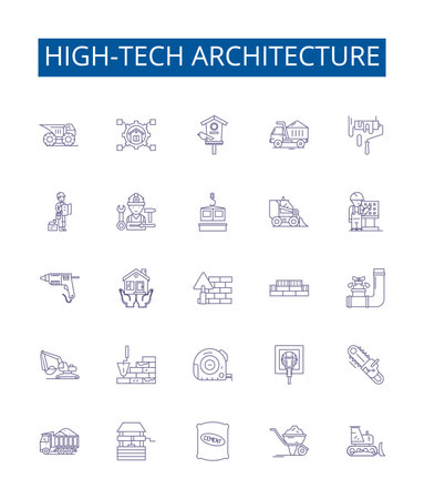 High-tech architecture line icons signs set. Design collection of High tech, architecture, modernism, innovative, aesthetics, design, geometric, form outline concept vector illustrationsのイラスト素材