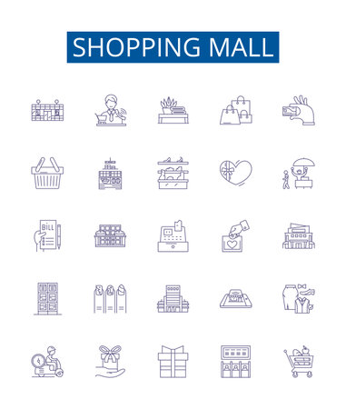 Shopping mall line icons signs set. Design collection of Mall, Shopping, Store, Retail, Arcade, Hypermarket, Outlet, Emporium outline concept vector illustrationsのイラスト素材