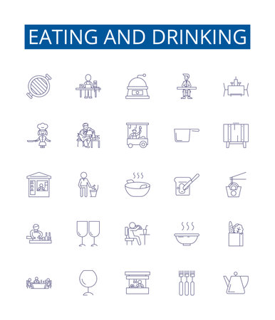Eating and drinking line icons signs set. Design collection of Dining, Feasting, Banqueting, Devouring, Nibbling, Quaffing, Sipping, Gulping outline concept vector illustrationsのイラスト素材
