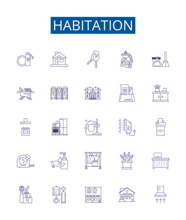 Habitation line icons signs set. Design collection of Accommodation, Residency, Dwelling, Dwell, Home, Homestead, Tenancy, Habitation outline concept vector illustrationsのイラスト素材