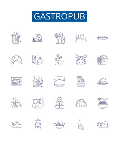 Gastropub line icons signs set. Design collection of Pub, Gastro, Drink, Kitchen, Restaurant, Food, Beer, Wine outline concept vector illustrationsのイラスト素材