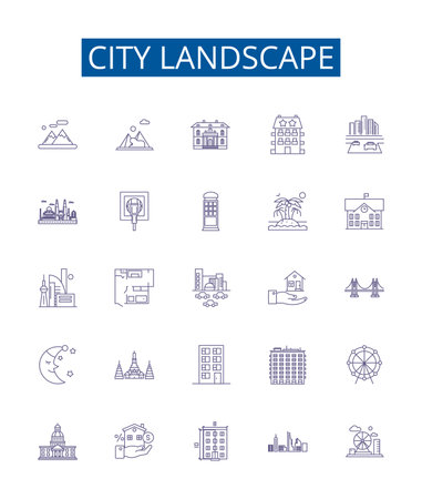 City landscape line icons signs set. Design collection of Urban, skyline, streetscape, skyline, architecture, metropolis, vista, hustle outline concept vector illustrationsのイラスト素材