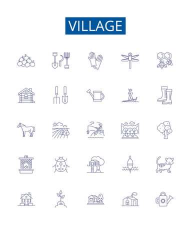 Village line icons signs set. Design collection of Village, Hamlet, Settlement, Rural, Township, Community, Locale, Farmland outline concept vector illustrationsのイラスト素材