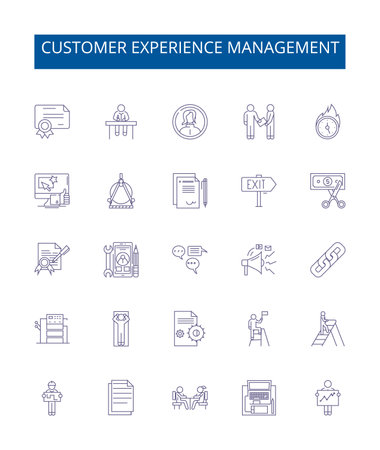 Customer experience management line icons signs set. Design collection of Customer, Experience, Management, Improvement, Engagement, Feedback, Data, Processes outline concept vector illustrationsのイラスト素材