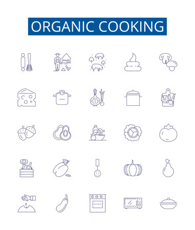 Organic cooking line icons signs set. Design collection of Organic, Cooking, Cuisine, Dining, Healthy, Vegan, Plant Based, Biodynamic outline concept vector illustrationsのイラスト素材
