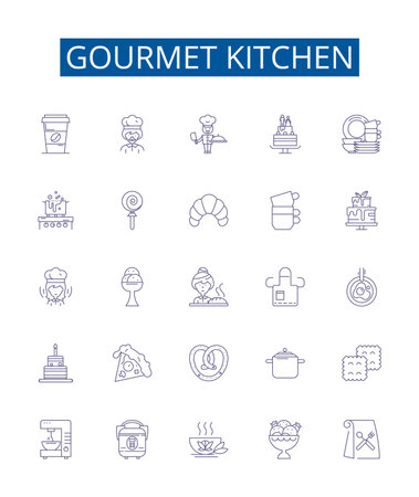 Gourmet kitchen line icons signs set. Design collection of cooking, appliances, countertops, backsplash, cabinets, cooktop, island, range outline concept vector illustrationsのイラスト素材