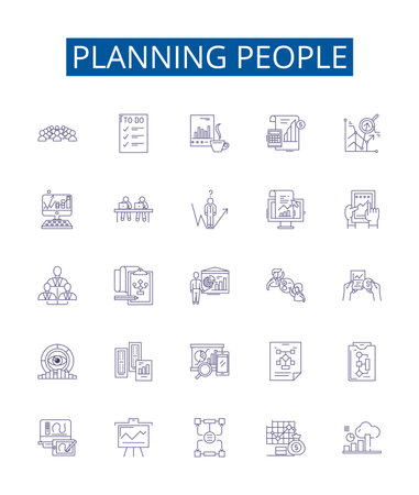 Planning people line icons signs set. Design collection of Scheduling, Organizing, Planning, Allocating, Strategizing, Supervising, Delegating, Coordinating outline concept vector illustrationsのイラスト素材
