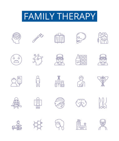 Family therapy line icons signs set. Design collection of family, therapy, counselling, parent child, spouses, marriage, communication, mental outline concept vector illustrationsのイラスト素材