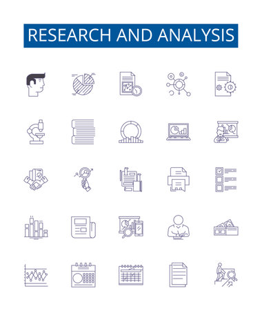 Research and analysis line icons signs set. Design collection of Research, Analysis, Evaluate, Assess, Compare, Examine, Determine, Investigate outline concept vector illustrationsのイラスト素材