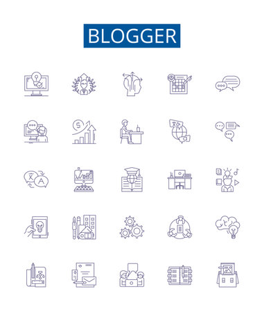 Blogger line icons signs set. Design collection of blogger, blogging, post, write, content, blogger, platform, share outline concept vector illustrationsのイラスト素材