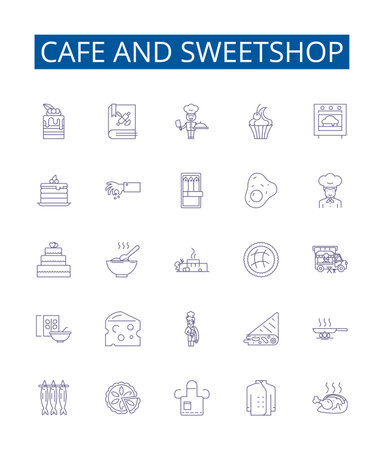 Cafe and sweetshop line icons signs set. Design collection of Cafe, Sweetshop, Dessert, Bakery, Donuts, Treats, Latte, Ice Cream outline concept vector illustrationsのイラスト素材