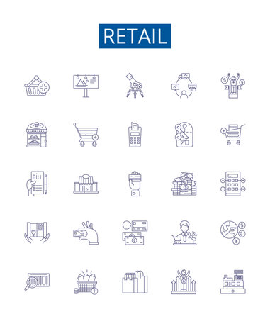 Retail line icons signs set. Design collection of Shopping, Merchandising, Selling, Store, Outlet, Buy, Customer, Inventory outline concept vector illustrationsのイラスト素材