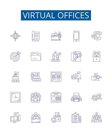 Virtual offices line icons signs set. Design collection of Virtual, Offices, Remote, Working, Home, Locations, Bridging, Gap outline concept vector illustrationsのイラスト素材