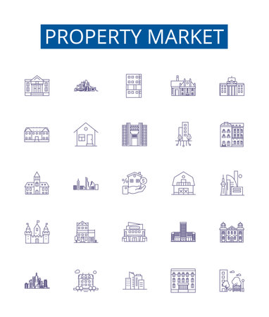 Property market line icons signs set. Design collection of real estate, property, housing, market, investments, sales, homes, prices outline concept vector illustrationsのイラスト素材