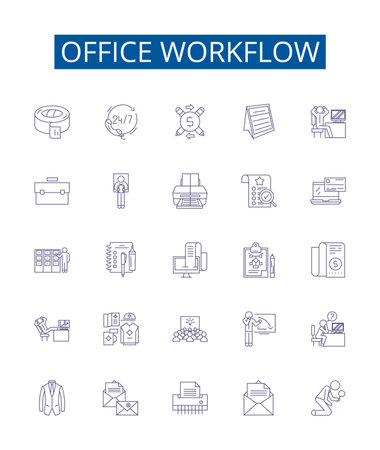 Office workflow line icons signs set. Design collection of Workflow, Office, Process, Automation, Management, Task, Efficiency, System outline concept vector illustrationsのイラスト素材