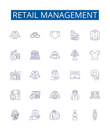 Retail management line icons signs set. Design collection of Retail, Management, Sales, Merchandising, Inventory, Distribution, Logistics, Planning outline concept vector illustrationsのイラスト素材