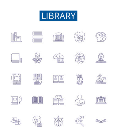 Library line icons signs set. Design collection of Library, Books, Reference, Sections, Knowledge, Catalog, Resources, Reading outline concept vector illustrationsのイラスト素材