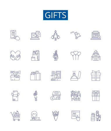 Gifts line icons signs set. Design collection of Presents, Favors, Souvenirs, Offerings, Tokens, Bonuses, Packages, Gratuity outline concept vector illustrationsのイラスト素材