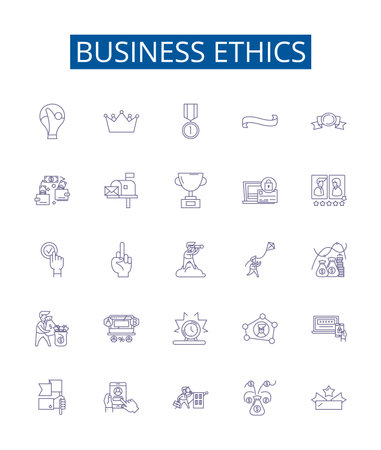 Business ethics line icons signs set. Design collection of Integrity, Honesty, Respect, Trust, Morals, Fairness, Credibility, Transparency outline concept vector illustrationsのイラスト素材