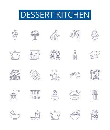 Dessert kitchen line icons signs set. Design collection of Cake, Pie, Icecream, Cookie, Sweet, Pudding, Crepe, Tart outline concept vector illustrationsのイラスト素材