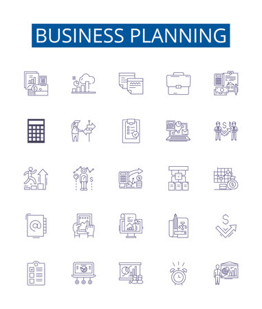Business planning line icons signs set. Design collection of Planning, Strategy, Business, Investment, Analysis, Goals, Budget, Profit outline concept vector illustrationsのイラスト素材