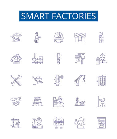 Smart factories line icons signs set. Design collection of Smart, Factories, Automation, Robotics, IoT, AI, Industry, 40 outline concept vector illustrationsのイラスト素材