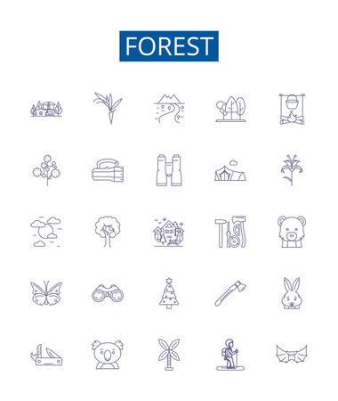 Forest line icons signs set. Design collection of Woodland, Trees, Jungle, Grove, Bush, Greenery, Glade, Canopy outline concept vector illustrationsのイラスト素材