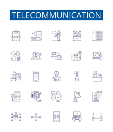 Telecommunication line icons signs set. Design collection of Telecom, Networking, Communication, Transmission, Wireless, VoIP, Radio, Antenna outline concept vector illustrationsのイラスト素材