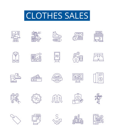 Clothes sales line icons signs set. Design collection of Clothing, Sales, Fashion, Boutique, Garments, Apparel, Outfit, Retail outline concept vector illustrationsのイラスト素材