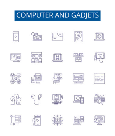 Computer and gadjets line icons signs set. Design collection of Hardware, Software, Networking, Laptops, Monitors, Printers, Scanners, Routers outline concept vector illustrationsのイラスト素材