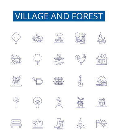 Village and forest line icons signs set. Design collection of Village, Forest, Rural, Landscape, Nature, Trees, Meadows, Farms outline concept vector illustrationsのイラスト素材