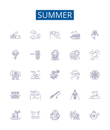 Summer line icons signs set. Design collection of Sun, Heat, Vacation, Pool, Beach, BBQ, Insects, Citrus outline concept vector illustrationsのイラスト素材