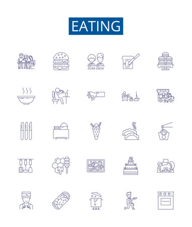 Eating line icons signs set. Design collection of Munching, Scoffing, Chewing, Binging, Nourishing, Nibbling, Bolting, Savouring outline concept vector illustrationsのイラスト素材