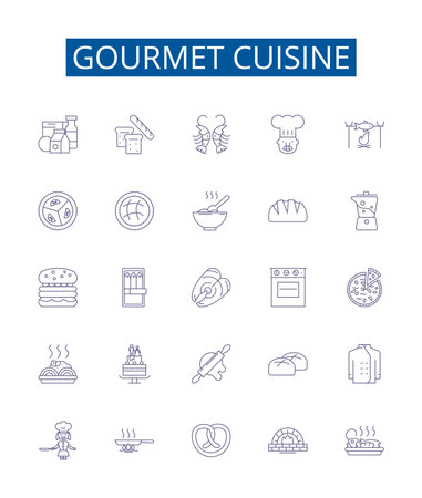 Gourmet cuisine line icons signs set. Design collection of Gourmet, cuisine, haute, food, fine, dining, epicurean, French outline concept vector illustrationsのイラスト素材