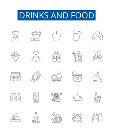 Drinks and food line icons signs set. Design collection of Drinks, Snack, Soda, Juice, Coffee, Beer, Tea, Smoothie outline concept vector illustrationsのイラスト素材