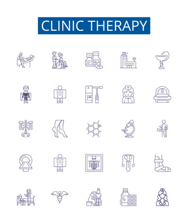 Clinic therapy line icons signs set. Design collection of Therapy, Clinic, Psychotherapy, Reiki, Counselling, Acupuncture, Naturopathy, Chiropractic outline concept vector illustrationsのイラスト素材