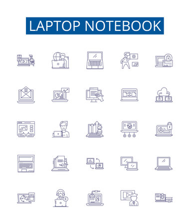 Laptop notebook line icons signs set. Design collection of laptop, notebook, computer, portable, device, technology, hardware, software outline concept vector illustrationsのイラスト素材