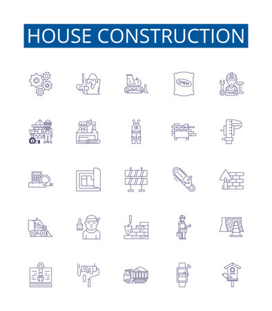 House construction line icons signs set. Design collection of Building, Construction, Housebuilding, Erection, Raising, Assembly, Fabrication, Uniform outline concept vector illustrationsのイラスト素材
