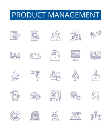 Product management line icons signs set. Design collection of Product, Management, Plan, Design, Develop, Optimize, Launch, Research outline concept vector illustrationsのイラスト素材