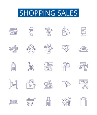 Shopping sales line icons signs set. Design collection of Deals, Bargains, Discounts, Savings, Promotions, Clearance, Frugality, Offerings outline concept vector illustrationsのイラスト素材