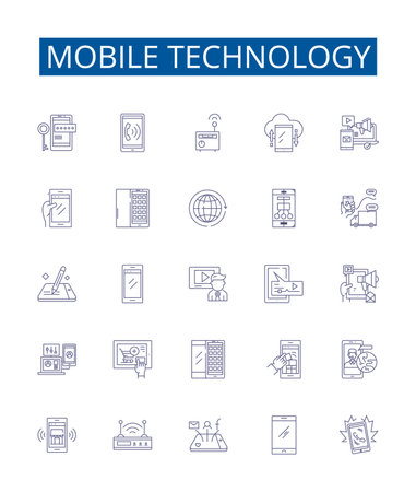 Mobile technology line icons signs set. Design collection of Smartphone, Apps, Network, Wireless, GPS, Bluetooth, LTE, 4G outline concept vector illustrationsのイラスト素材