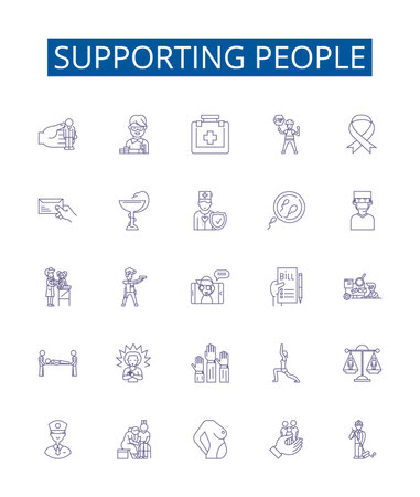 Supporting people line icons signs set. Design collection of Aid, Uplift, Assisting, Easing, Comforting, Nurturing, Championing, Helping outline concept vector illustrationsのイラスト素材