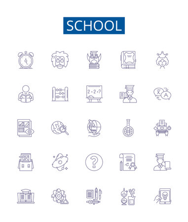 School line icons signs set. Design collection of Education, Learning, Knowledge, Students, Instruction, Classroom, College, Academy outline concept vector illustrationsのイラスト素材