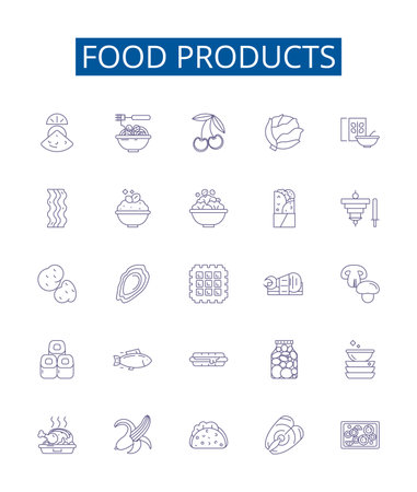 Food products line icons signs set. Design collection of Produce, Meat, Dairy, Groceries, Canned, Frozen, Baked, Confectionery outline concept vector illustrationsのイラスト素材