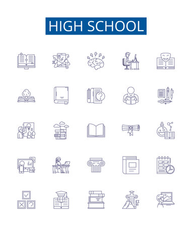 High school line icons signs set. Design collection of Education, Academy, School, Learning, Secondary, Diploma, Classroom, Teenagers outline concept vector illustrationsのイラスト素材
