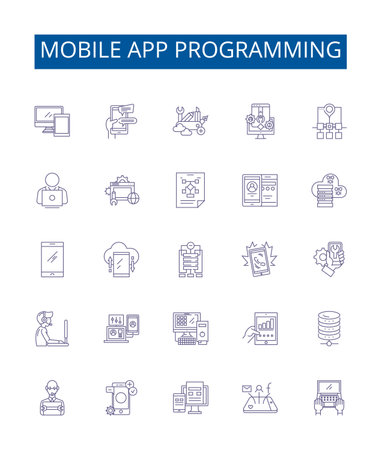 Mobile app programming line icons signs set. Design collection of Programming, Mobile, Apps, Development, Android, iOS, Swift, Kotlin outline concept vector illustrationsのイラスト素材