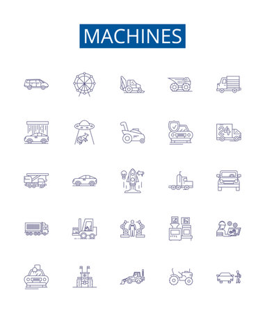 Machines line icons signs set. Design collection of Robots, Automata, Computers, Electronics, Tools, Engines, Gadgets, Devices outline concept vector illustrationsのイラスト素材