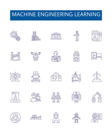 Machine engineering learning line icons signs set. Design collection of machine, engineering, learning, AI, automation, robotics, software, hardware outline concept vector illustrationsのイラスト素材